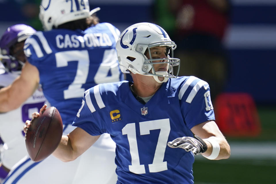 Indianapolis Colts quarterback Philip Rivers (17) throws during the first half of an NFL football game against the Minnesota Vikings, Sunday, Sept. 20, 2020, in Indianapolis. (AP Photo/Michael Conroy)