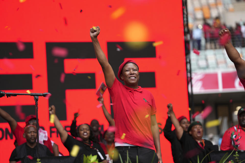 Economic Freedom Fighters leader Julius Malema gestures at the party's manifesto launch at Moses Mabhida Stadium in KwaZulu Natal province, South Africa, Saturday Feb. 10, 2024. Economic Freedom Fighters party launched its election campaign manifesto in a province set to be the stage for hot political contestation in the South African elections later this year. (AP Photo/Tsvangirayi Mukwazhi)