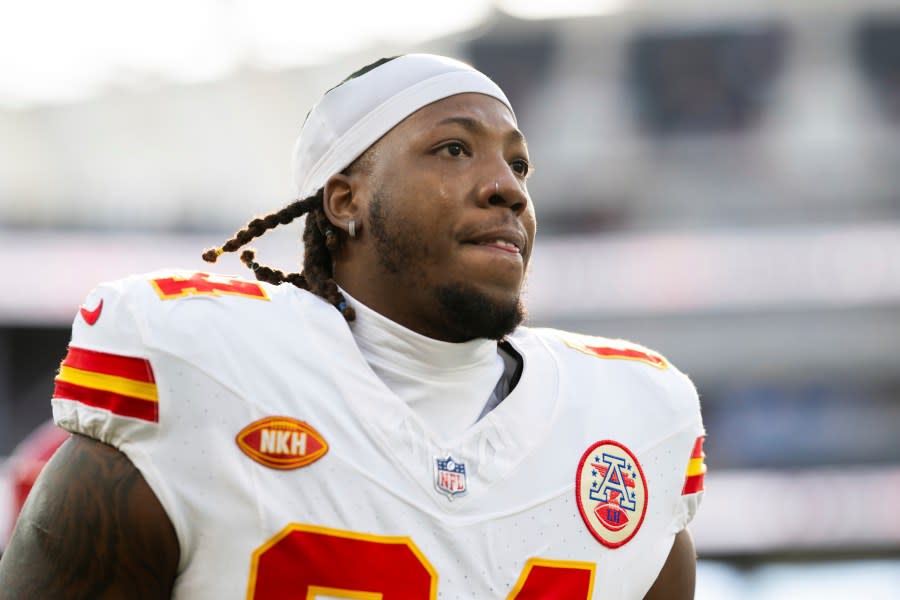 Kansas City Chiefs offensive tackle Wanya Morris (64) jogs back to the locker room before an NFL football game against the Los Angeles Chargers, Sunday, Jan. 7, 2024, in Inglewood, Calif. (AP Photo/Kyusung Gong)