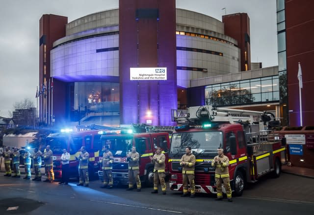 Firefighters clapped outside the new Nightingale Hospital at the Harrogate Convention Centre 