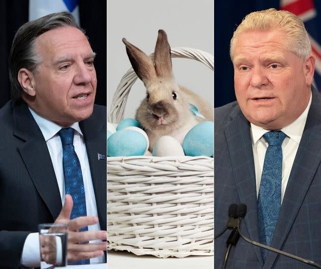 A composite image showing Quebec premier Francois Legault, the Easter Bunny and Ontario premier Doug Ford.