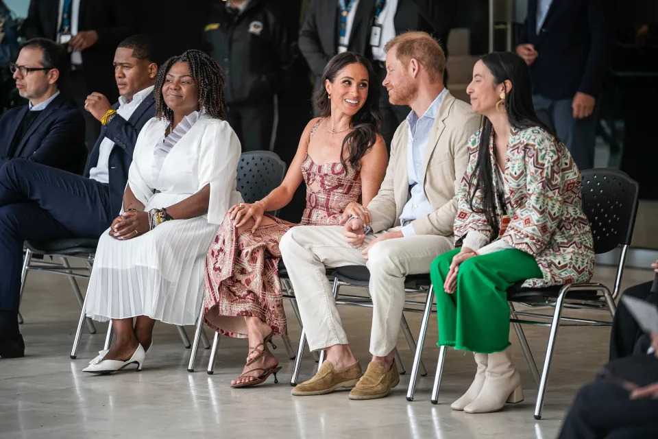 Vice President of Colombia Francia Márquez, Meghan, Duchess of Sussex and Prince Harry, Duke of Sussex attend a folkloric presentation at Centro Nacional de las Artes Delia Zapata during their visit to Colombia on August 15, 2024 in Bogota, Colombia. (Photo by Diego Cuevas/Getty Images)