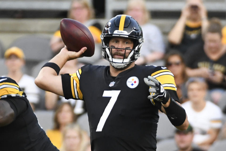 Pittsburgh Steelers quarterback Ben Roethlisberger throws a pass against the Detroit Lions during the first half of an NFL preseason football game Saturday, Aug. 21, 2021, in Pittsburgh. (AP Photo/Fred Vuich)