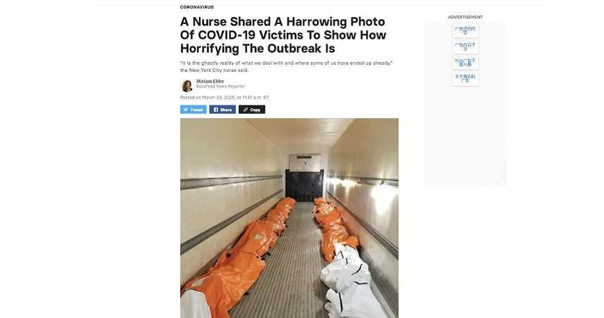 紐約一名護士，鼓起勇氣拍下停屍冷藏車內的畫面，藉以讓外界知道，美國當前疫情的嚴峻。（圖／翻攝自BuzzFeed網站）