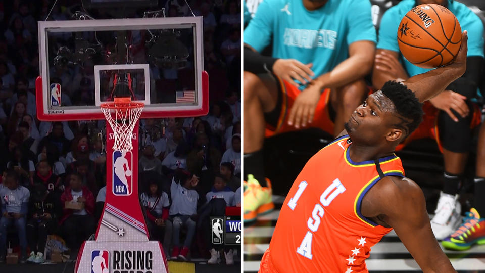 New Orleans Pelicans rookie Zion Williamson dunked so hard during the Rising Stars Game that the rim was bent out of shape. Pictures: TNT/Getty Images