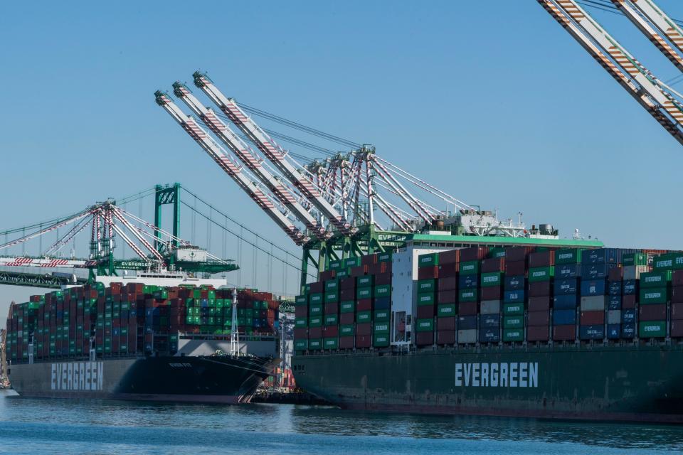 San Pedro, Calif., cargo ships wait to be offloaded at the Port of Los Angeles.