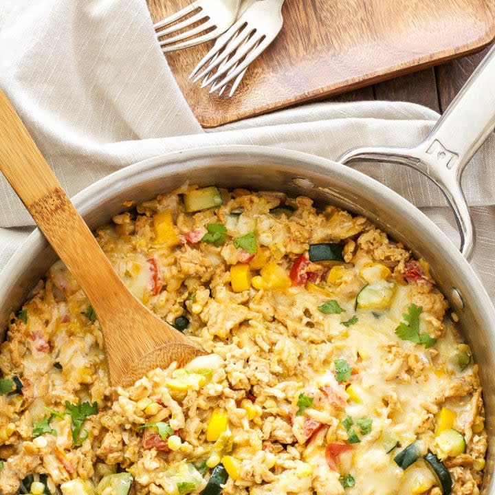 Southwest turkey, vegetable, and rice in a skillet