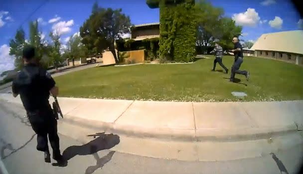 PHOTO: A still from body camera footage during the pursuit of an active shooter in Farmington, New Mexico, on May 15, 2023. (Farmington Police Department)