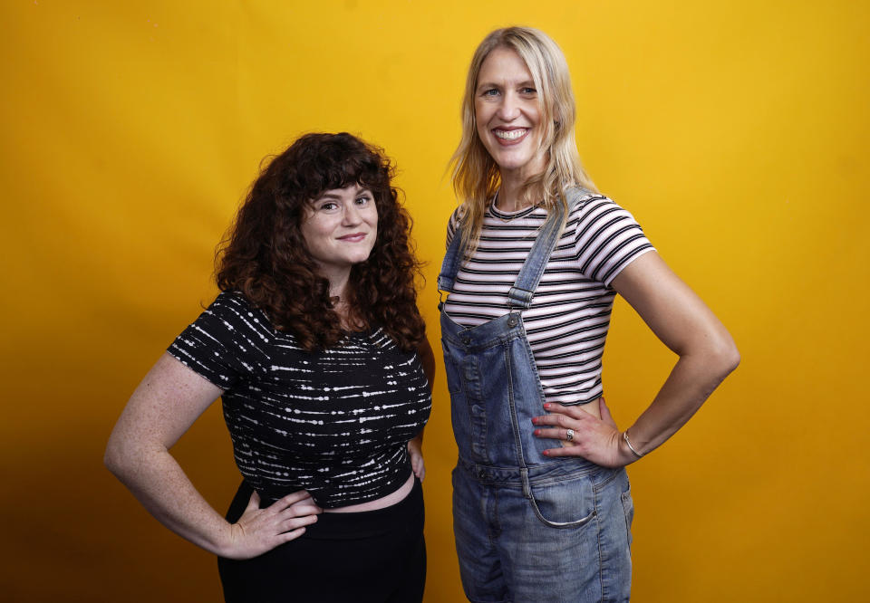Barbara Gray, left, and Tess Barker, co-hosts of the "Britney's Gram" podcast, pose for a portrait, Thursday, July 15, 2021, at Earwolf podcast studio in Los Angeles. (AP Photo/Chris Pizzello)