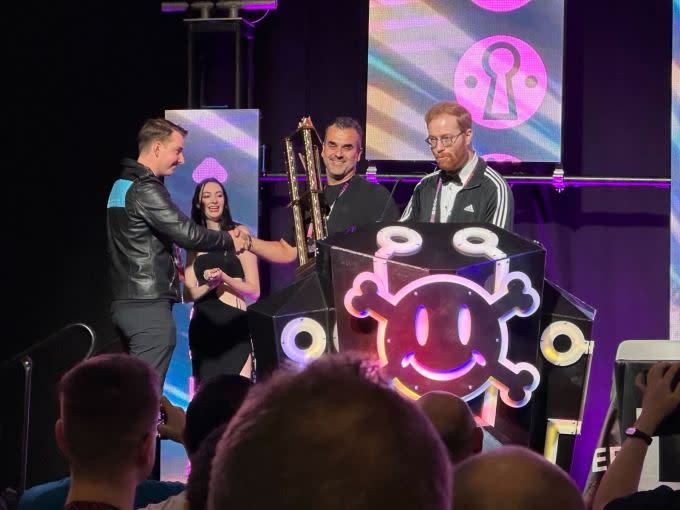 CrowdStrike president Michael Sentonas accepting a pwnie award at Def Con in Vegas in 2024