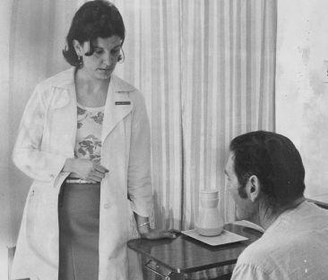 Marion Moses inquires about the health of a patient in 1977 as an intern.