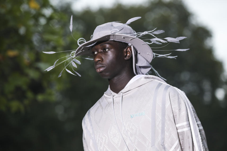 A model wears a creation for the Koche Spring-Summer 2021 fashion collection, Tuesday, Sept. 29, 2020, during Paris fashion week. (Photo by Vianney Le Caer/Invision/AP)