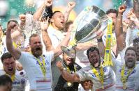 FILE PHOTO: Alistair Hargreaves and Brad Barritt celebrate with their Saracens team mates after winning the English Premiership final at Twickenham.