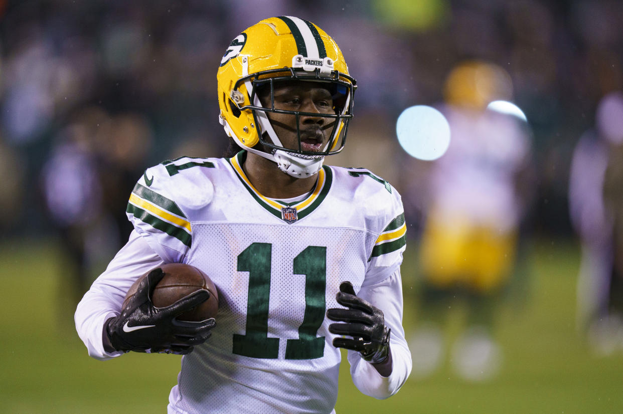 Green Bay Packers wide receiver Sammy Watkins (11) in action prior to the NFL football game against the Philadelphia Eagles, Sunday, Nov. 27, 2022, in Philadelphia. (AP Photo/Chris Szagola)