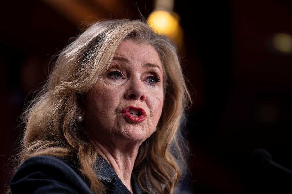 Sen. Marsha Blackburn (R-TN) speaks during a news conference about the confirmation vote for Supreme Court nominee Ketanji Brown Jackson at the U.S. Capitol on April 7, 2022.