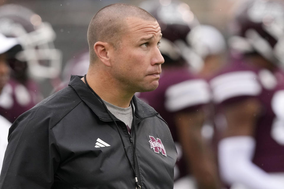 Mississippi State head coach Zach Arnett looks at the stadium monitor before an NCAA college football game against Southeastern Louisiana, Saturday, Sept. 2, 2023, in Starkville, Miss. (AP Photo/Rogelio V. Solis)