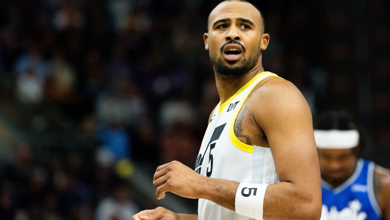 Utah Jazz guard Talen Horton-Tucker (5) reacts to a foul called during an NBA basketball game between the Jazz and Orlando Magic at the Delta Center in Salt Lake City on Nov. 2, 2023.