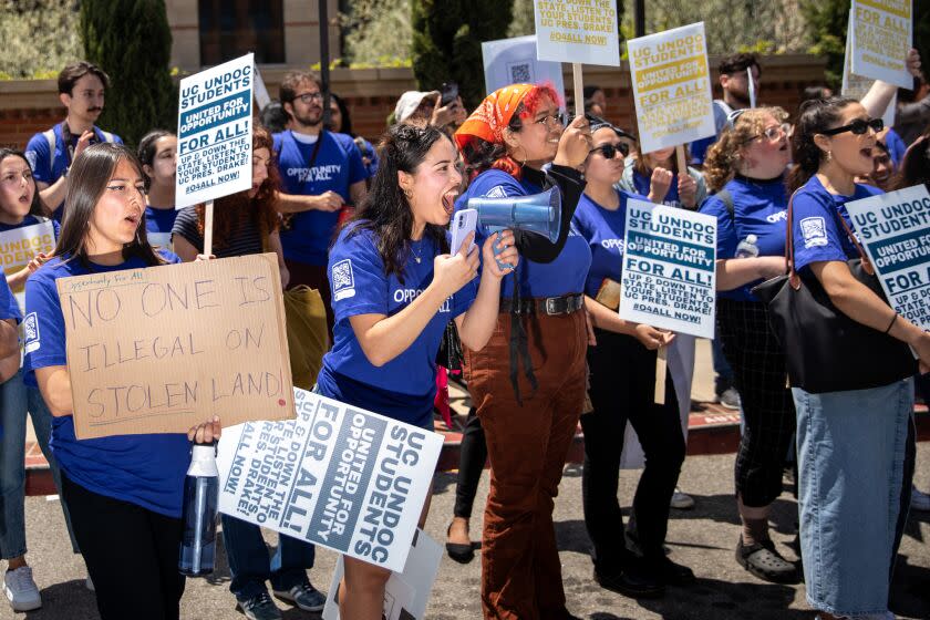 Los Angeles, CA - May 17: Students and supporters of undocumented students in the University of California system, rally and chant outside a meeting of the UC Board of Regents, on the UCLA Campus in Los Angeles, CA, Wednesday, May 17, 2023. The rally wants to demand the UC Board of Regents break legal ground and authorize the hiring of students who were brought to this country illegally as children and lack valid work permits. (Jay L. Clendenin / Los Angeles Times)