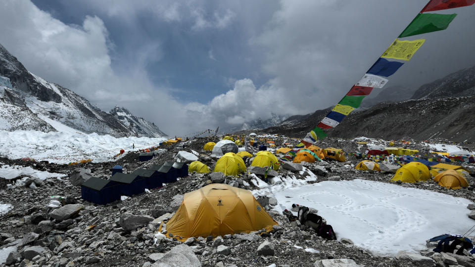 Tents and prayer flags at Everest Base Camp