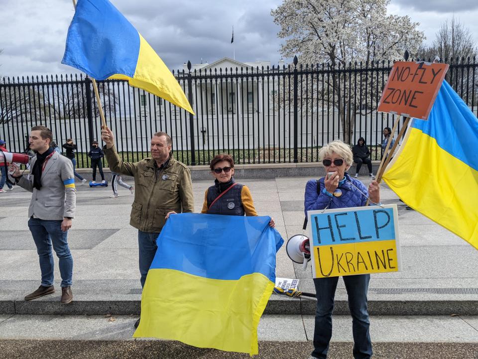 Luda Draganova, carrying two placards saying Help Ukraine and No-Fly Zone, protests in front of the railings of the White House with other activists, who are also carrying blue and yellow Ukrainian flags.