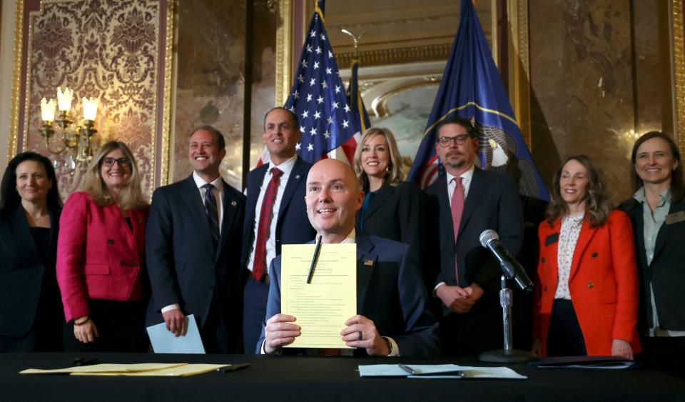 Gov. Spencer Cox poses for a photo after signing SB152, Social Media Regulation Amendments, at the Capitol in Salt Lake City on Thursday, March 23, 2023. | Kristin Murphy, Deseret News