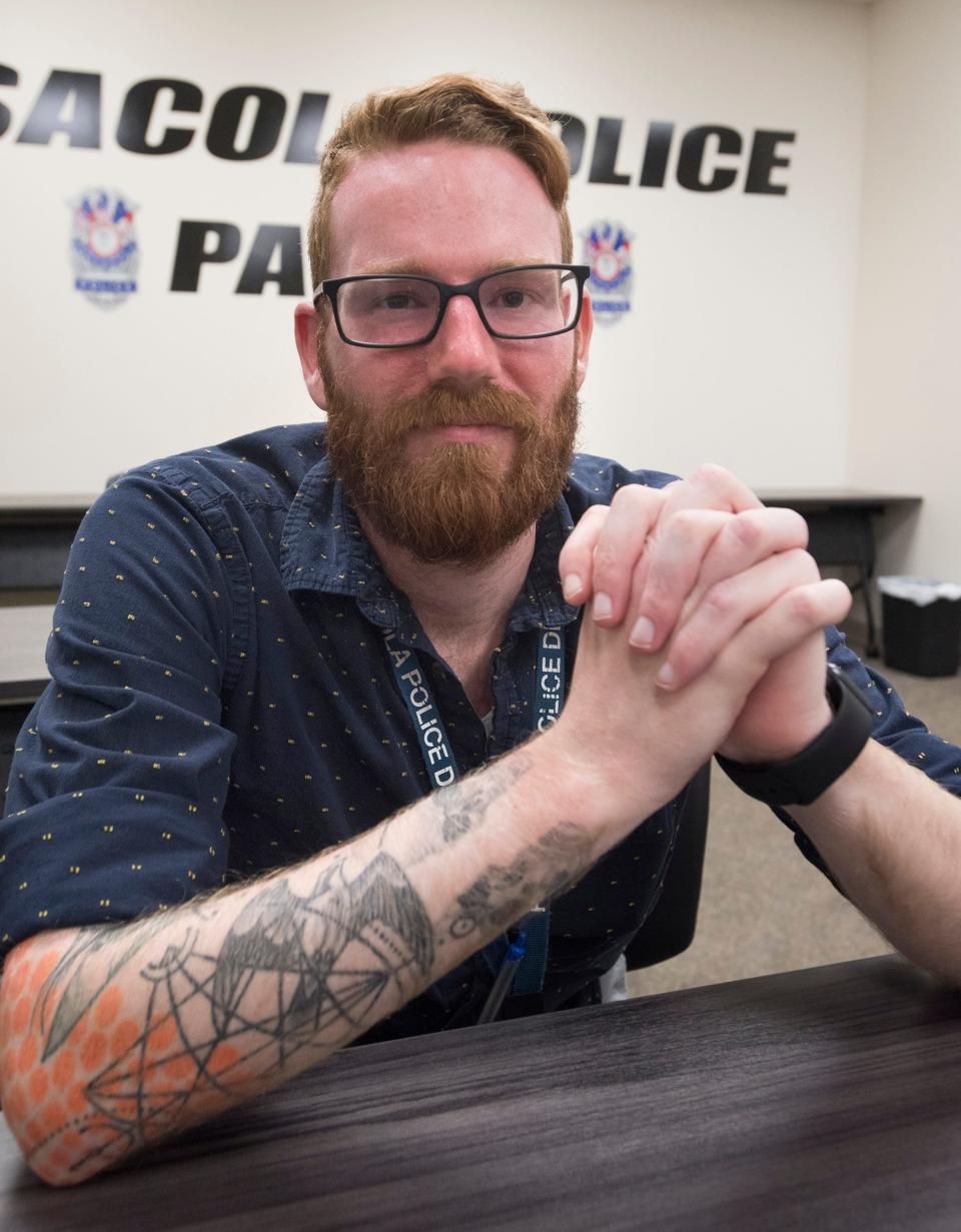 Mike Ozburn is thankful to be alive and able to return to work at the Pensacola Police Department on Tuesday, June 25, 2019. Over the weekend, Ozburn drifted away from his dive group 16-miles offshore and spent the next seven hours stranded in the Gulf of Mexico before being rescued by a passing boat.