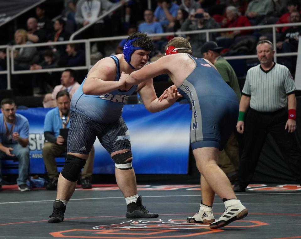 Hen Hud's Mason Dietz wrestles in the second round matches of the NYSPHSAA Wrestling Championships at MVP Arena in Albany, on Friday, February 24, 2023.