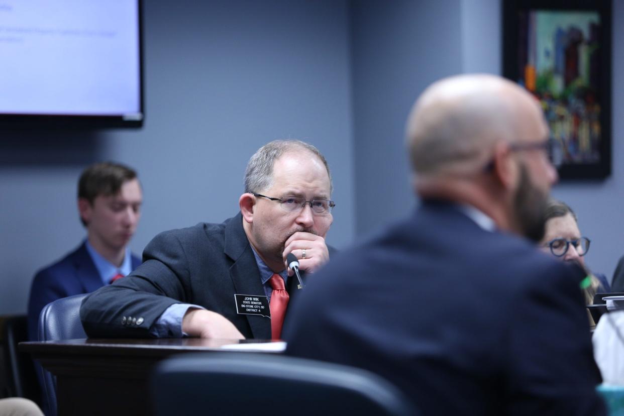 State Sen. John Wiik, R-Big Stone City, listens to testimony during an appropriations committee hearing in Pierre.