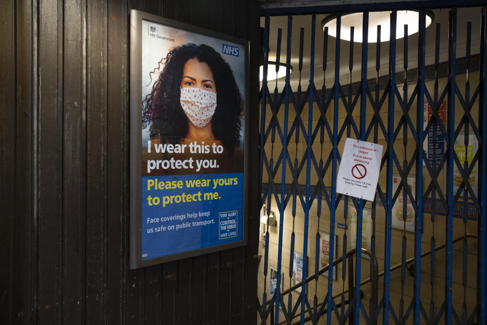 Closed entrance to Leicester Square underground station due to social distancing as Londoners await the announcement of a second coronavirus lockdown before a month-long total lockdown in the UK on 30th October 2020 in London, United Kingdom. The three tier system in the UK has not worked sufficiently, to suppress the virus, and there have have been calls by politicians for a 'circuit breaker' complete lockdown to be announced to help the growing spread of the Covid-19. (photo by Mike Kemp/In Pictures via Getty Images)