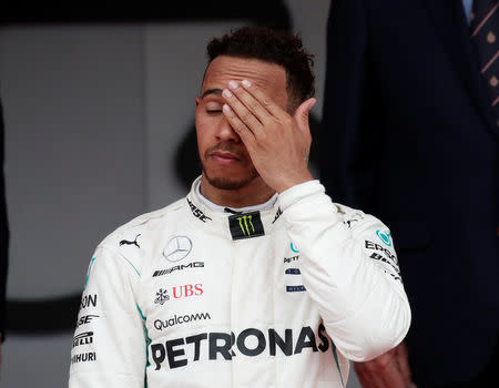 Formula One F1 - Monaco Grand Prix - Circuit de Monaco, Monte Carlo, Monaco - May 27, 2018 Mercedes' Lewis Hamilton reacts after finishing third in the race REUTERS/Benoit Tessier