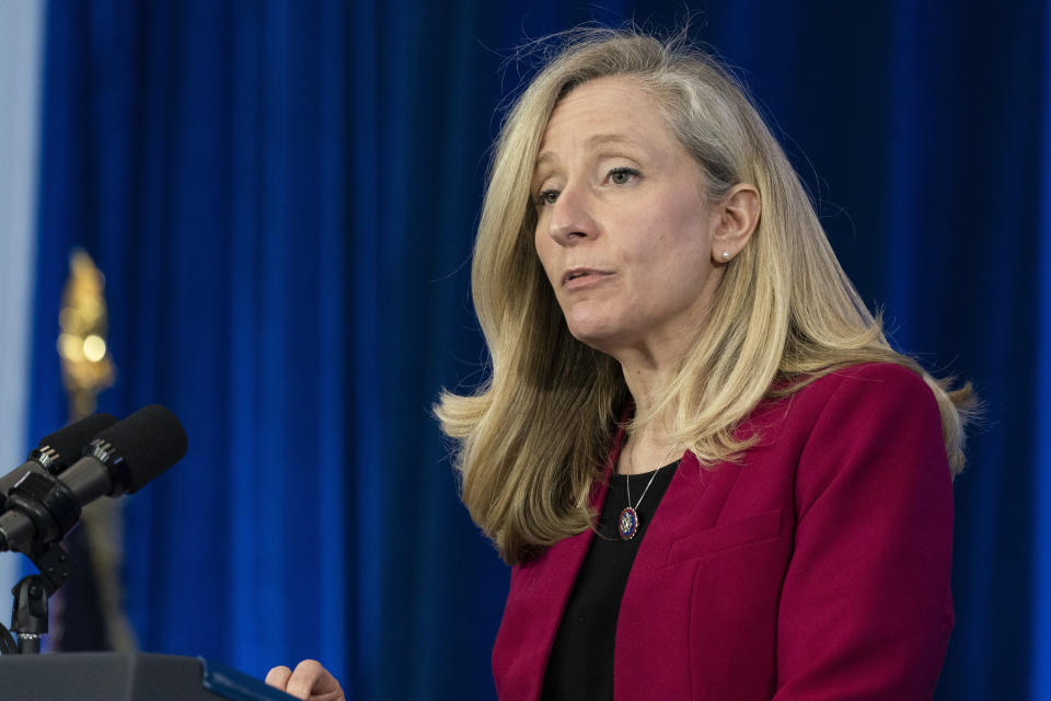 FILE - Rep. Abigail Spanberger, D-Va., speaks before President Joe Biden talks about prescription drug costs at the Daniel Technology Center of Germanna Community College – Culpeper Campus, Feb. 10, 2022, in Culpeper, Va. Crowded Republican congressional primaries in Virginia’s 2nd and 7th districts, on Tuesday, June 21, 2022, will settle who takes on centrist Democrats Elaine Luria and Spanberger in November’s general elections, which in turn could help determine which party controls the U.S. House. (AP Photo/Alex Brandon, File)