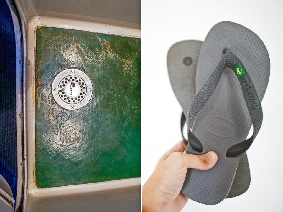 Left: Amtrack shower floor is green with brown marks Right: A pair of gray flipflops