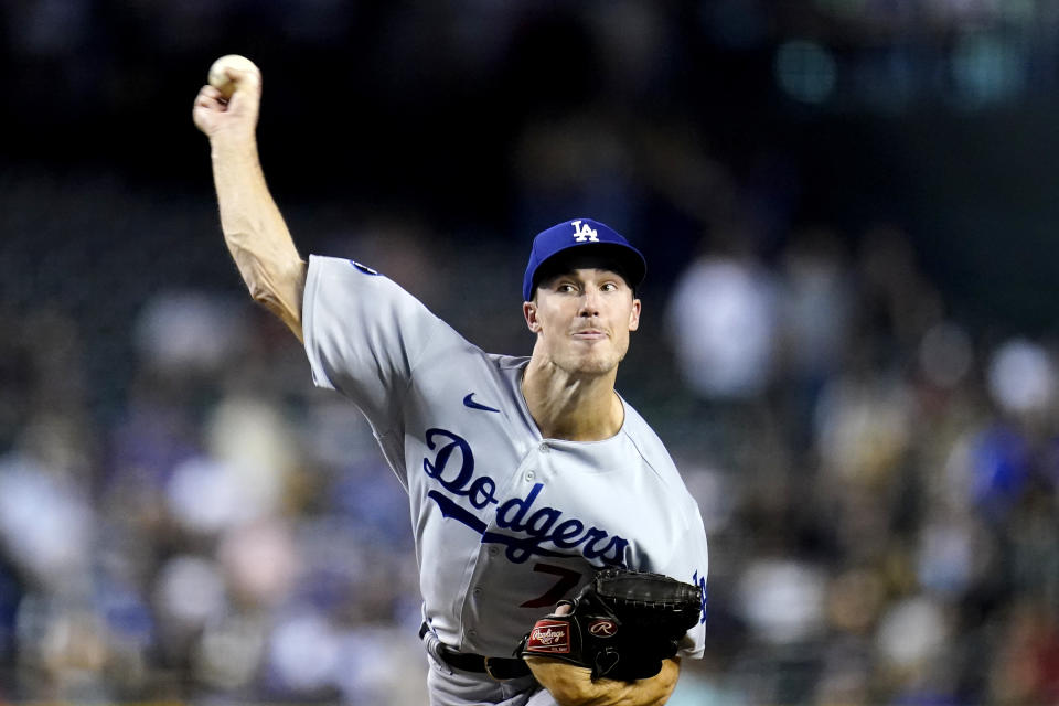 Los Angeles Dodgers starting pitcher Michael Grove throws a pitch against the Arizona Diamondbacks during the first inning of a baseball game in Phoenix, Wednesday, Sept. 14, 2022. (AP Photo/Ross D. Franklin)