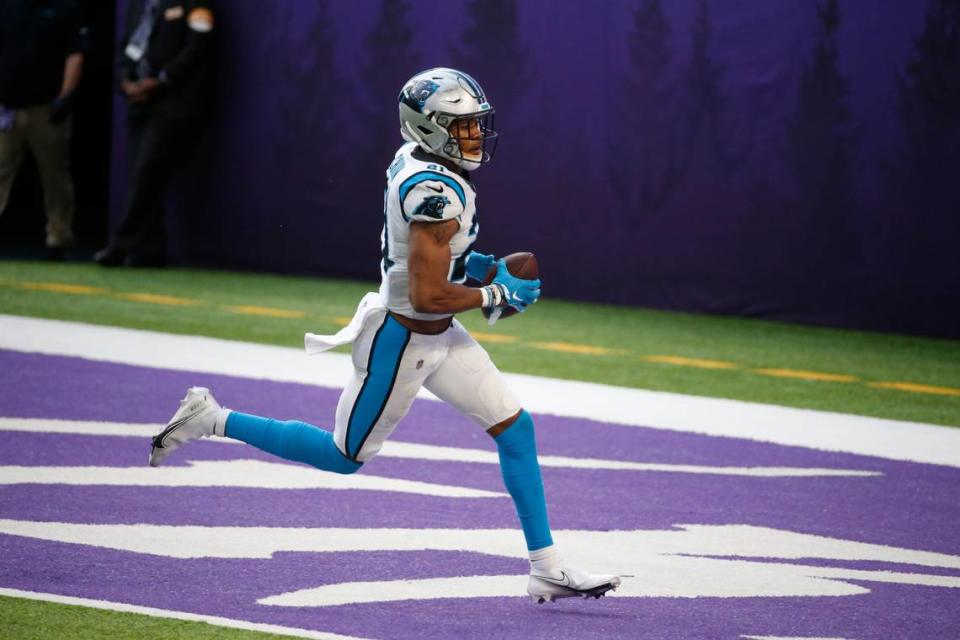 Carolina Panthers safety Jeremy Chinn returns a fumble 28-yards for a touchdown during the second half of an NFL football game against the Minnesota Vikings, Sunday, Nov. 29, 2020, in Minneapolis. (AP Photo/Bruce Kluckhohn)