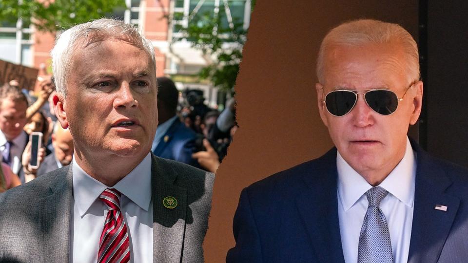 left split: Rep. James Comer; right split: President Joe Biden