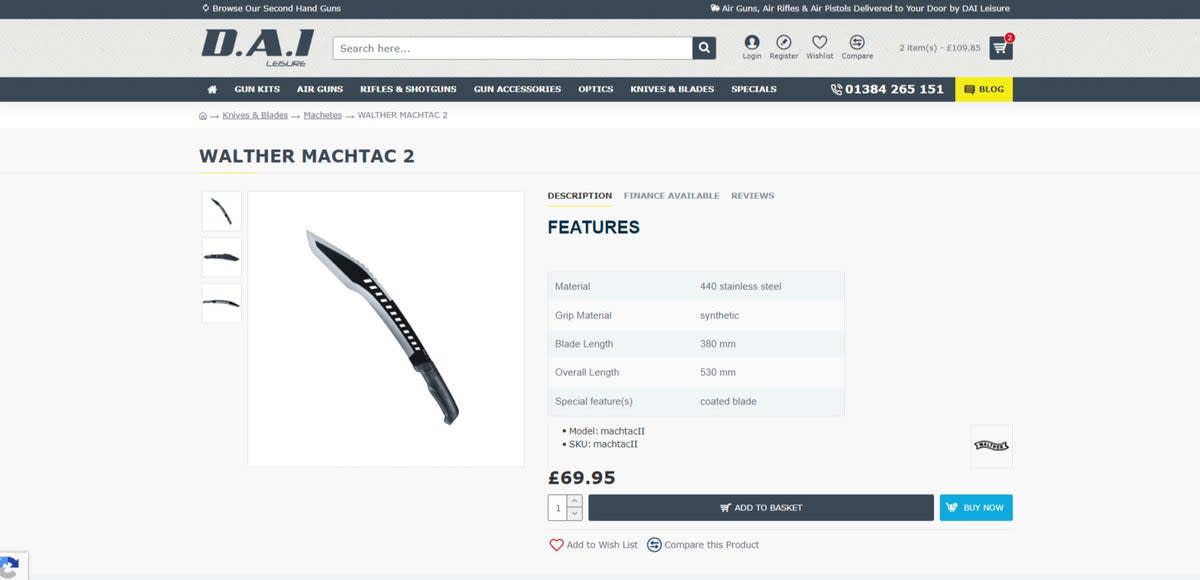 The Walther Machtac 2 on sale for £69.95 at the West Midlands-based store – under proposed legislation, this blade would be banned from sale (Screenshot)