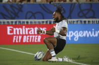 Fiji's Waisea Nayacalevu celebrates after scoring a try during the Rugby World Cup Pool C match between Wales and Fiji at the Stade de Bordeaux in Bordeaux, France, Sunday, Sept. 10, 2023. (AP Photo/Bob Edme)