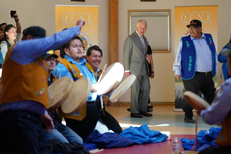 Charles busted some moves as he took part in 1,000-year-old traditional Dene Drum Dance in Yellowknife, the capital of Canada’s Northwest Territories (Jacob King/PA) (PA Wire)