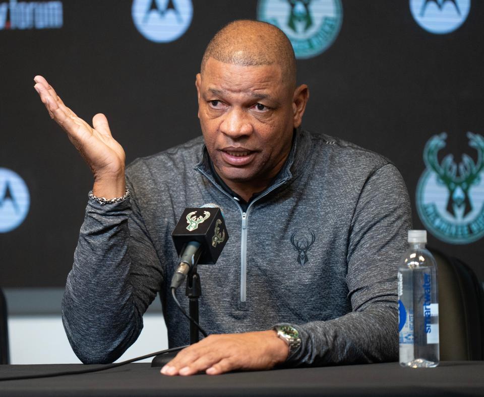 Doc Rivers answers questions Saturday at a news conference in which he was introduced as the 18th head coach of the Milwaukee Bucks.