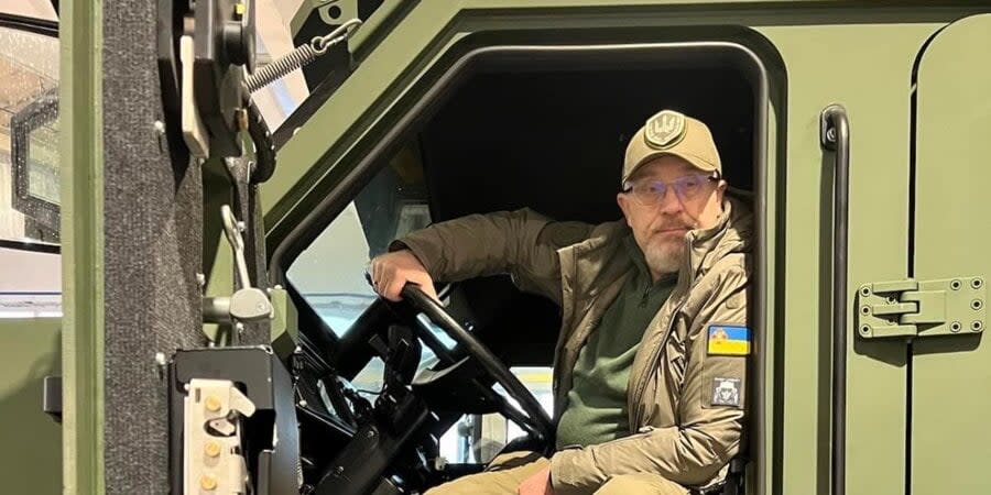 Oleksii Reznikov at the wheel of the Bohdan self-propelled gun system