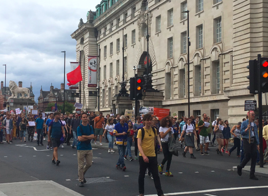 Protest: Whitehall demonstrators can be heard chanting "Boris Johnson, shame on you" as they block the Westminster Bridge. (Twitter)