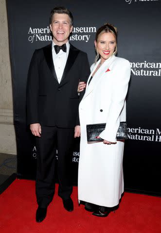 <p>Mike Coppola/Getty </p> Colin Jost and Scarlett Johansson at American Museum of Natural History's 2023 Museum Gala