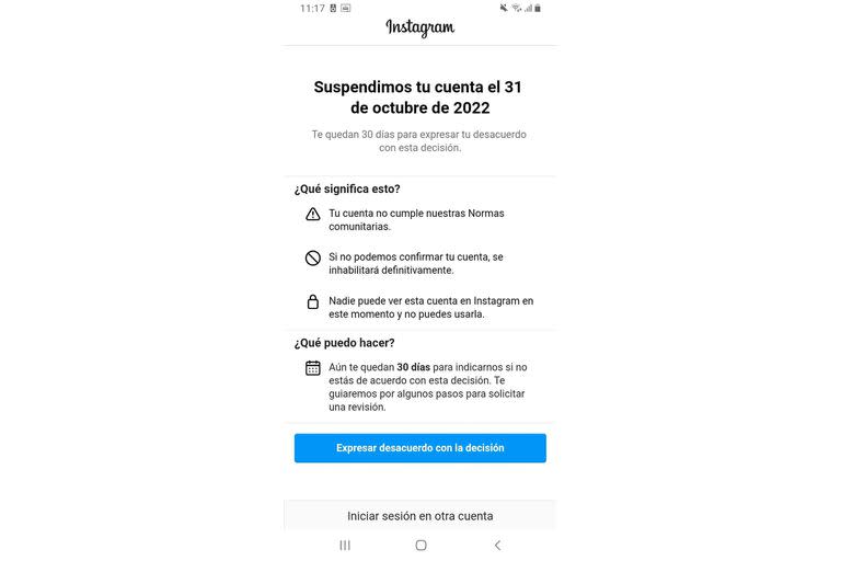 El mensaje que le aparece a usuarios de Instagram, diciendo que la cuenta fue cancelada