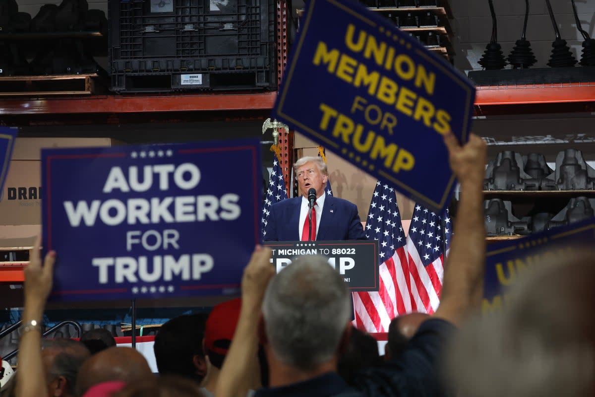 Former U.S. President Donald Trump speaks at a campaign rally at Drake Enterprises, an automotive parts manufacturer, on September 27, 2023 in Clinton Township, Michigan. (Getty Images)