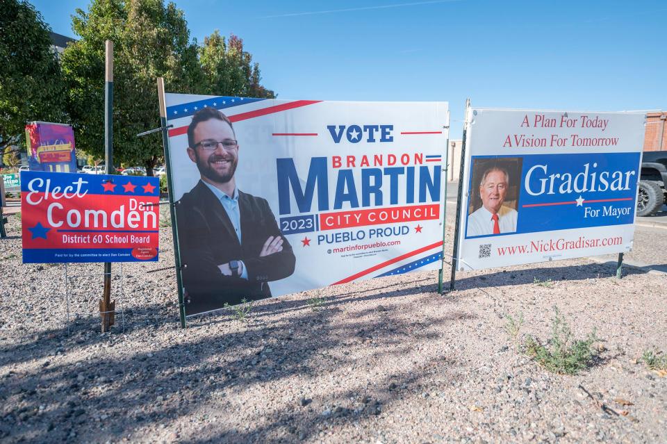 Campaign signs can be seen at the corner of Fourth Street and Elizabeth Street in downtown Pueblo.