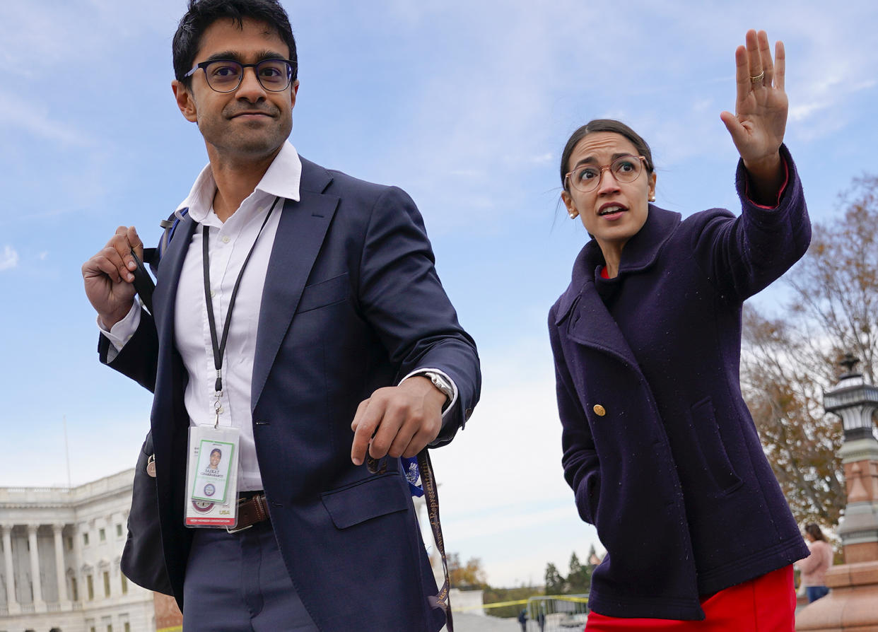 Rep.-elect Alexandria Ocasio-Cortez, D-NY., right, and her chief of staff Saikat Chakrabarti, left, on Capitol Hill in Washington on Nov. 14, 2018. (Pablo Martinez Monsivais/AP)