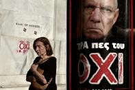 A woman passes by the headquarters of the Bank of Greece and a poster with a portrait of German Finance Minister Wolfgang Schaeuble that reads " Now tell him NO ", on July 3, 2015