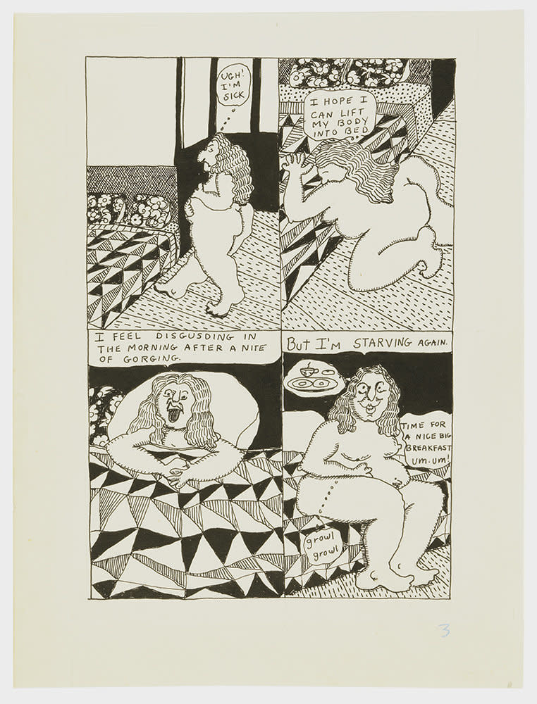 Aline Kominsky-Crumb, "Goldie Fanatic Frustation," page 3, 1975, ink on paper, 12 pages (Photo: David Zwirner)