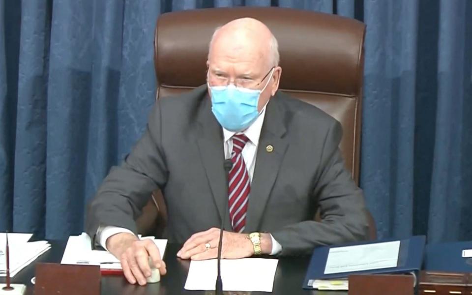 Sen. Patrick Leahy, D-VT,  presides over the second impeachment trial of former President Donald Trump in the Senate on Feb. 9, 2021.