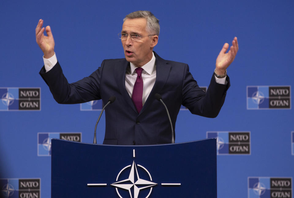 NATO Secretary General, Jens Stoltenberg speaks during a media conference at NATO headquarters in Brussels, Friday, Nov. 29, 2019. (AP Photo/Virginia Mayo)